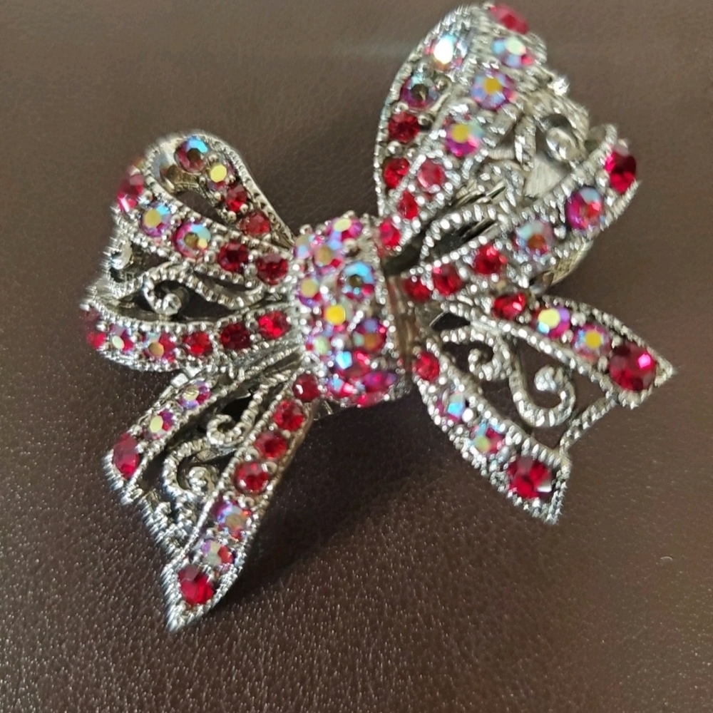 Elegant Silver and Red Crystal Bow Hair Clip